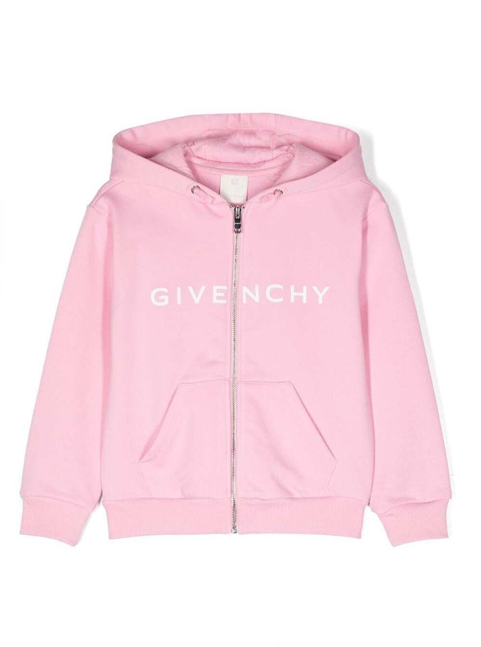 Hooded Sweatshirt With Zip Fastening And Logo Print Cotton Blend Girl Pink Sweatshirts
