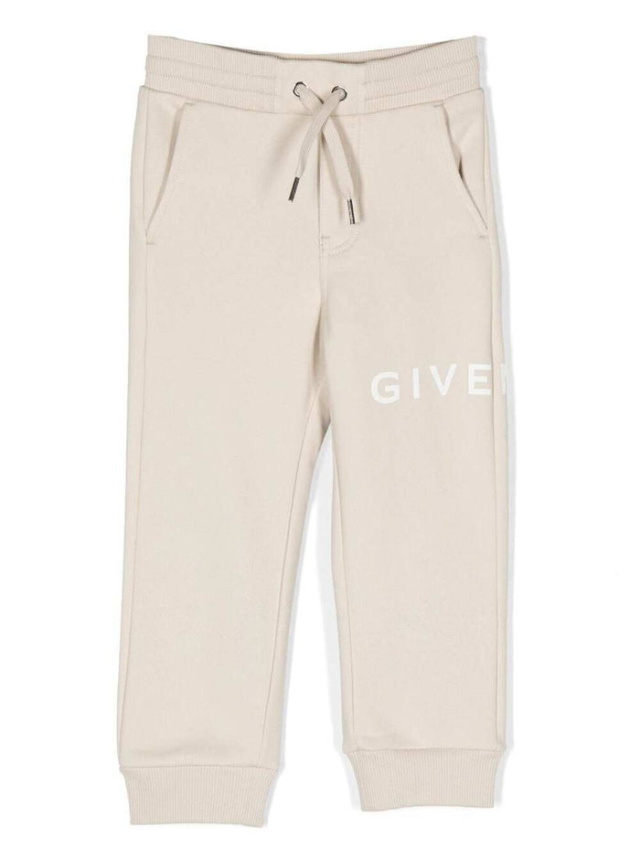 Beige Track Pants With Logo Print Cotton Blend Boy Trousers