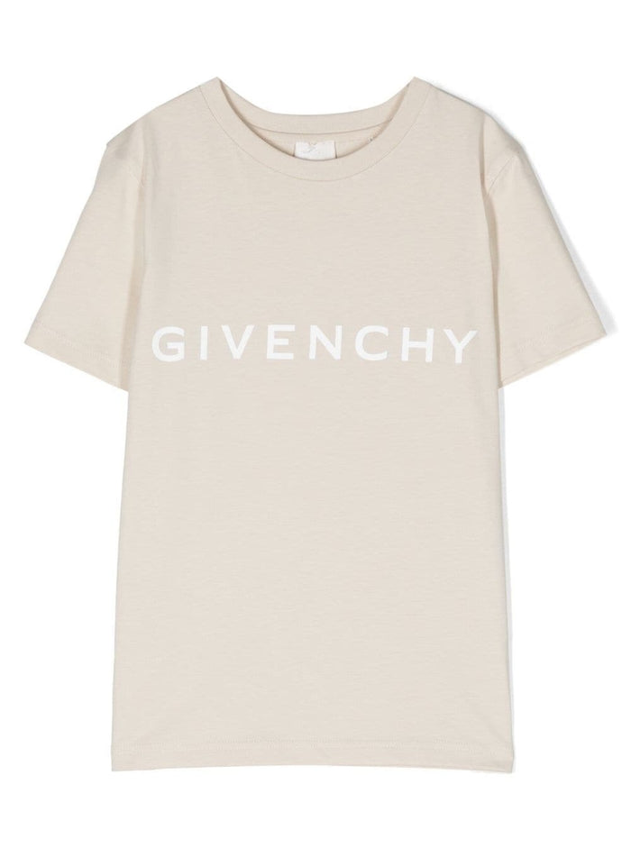 Beige Crewneck T-Shirt With Printed Logo Cotton Boy Tshirts And Polo Shirts