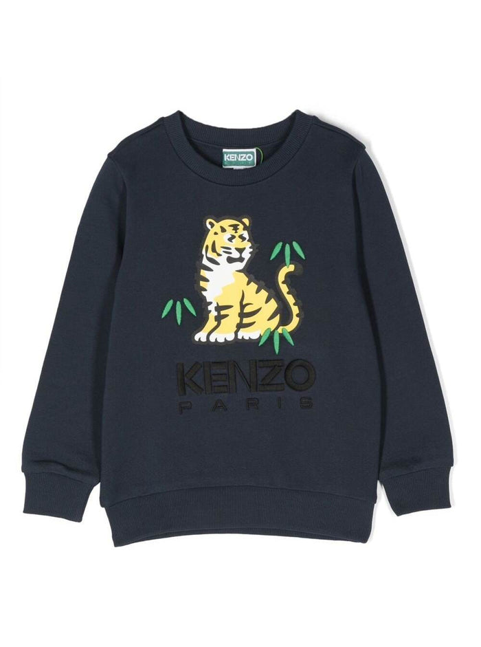 Blue Crewneck Sweatshiert With Printed Tiger And Logo Cotton Boy Blu Sweatshirts