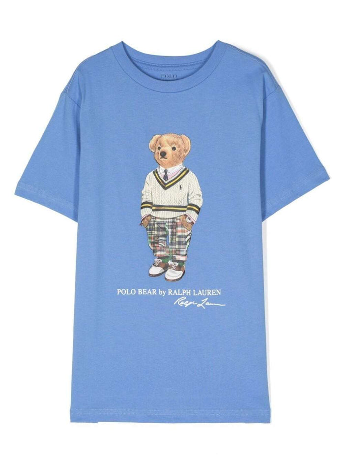 Light Blue Crewneck T-Shirt With Teddy Bear Print Cotton Boy Tshirts And Polo Shirts