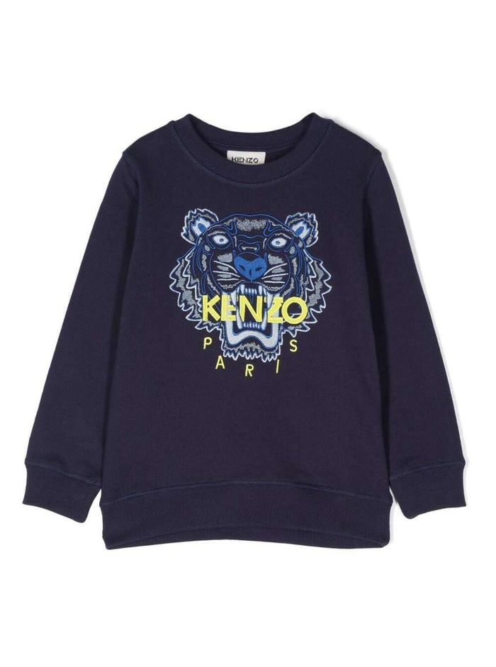 Blue Crewneck Sweatshirt With Embroidered Tiger And Logo Cotton Boy Blu Sweatshirts