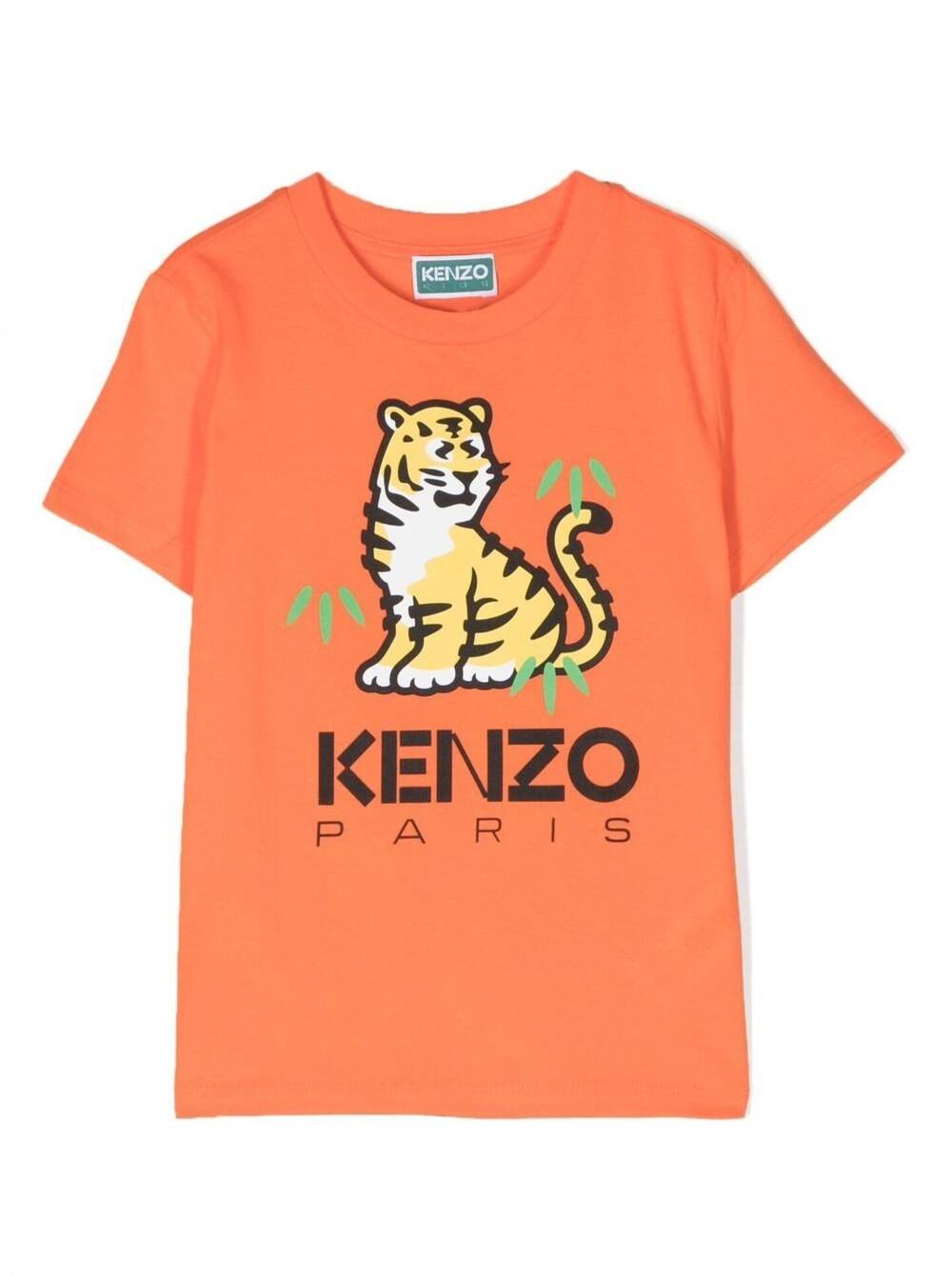 Orange Crewneck T-Shirt With Printed Tiger And Logo On The Front Cotton Boy Tshirts Polo Shirts
