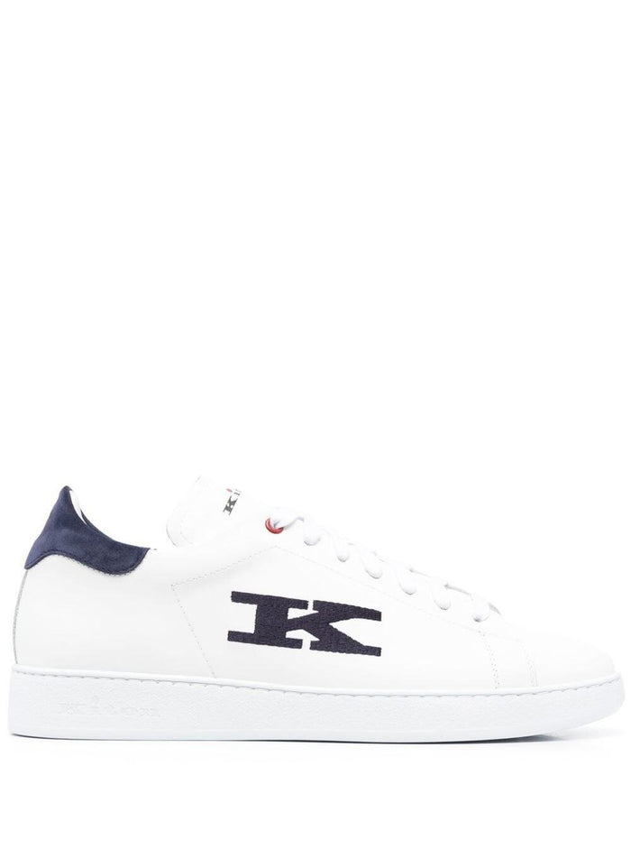 White And Blue Sneakers With Logo Contrasting Stitching Leather Man Calf