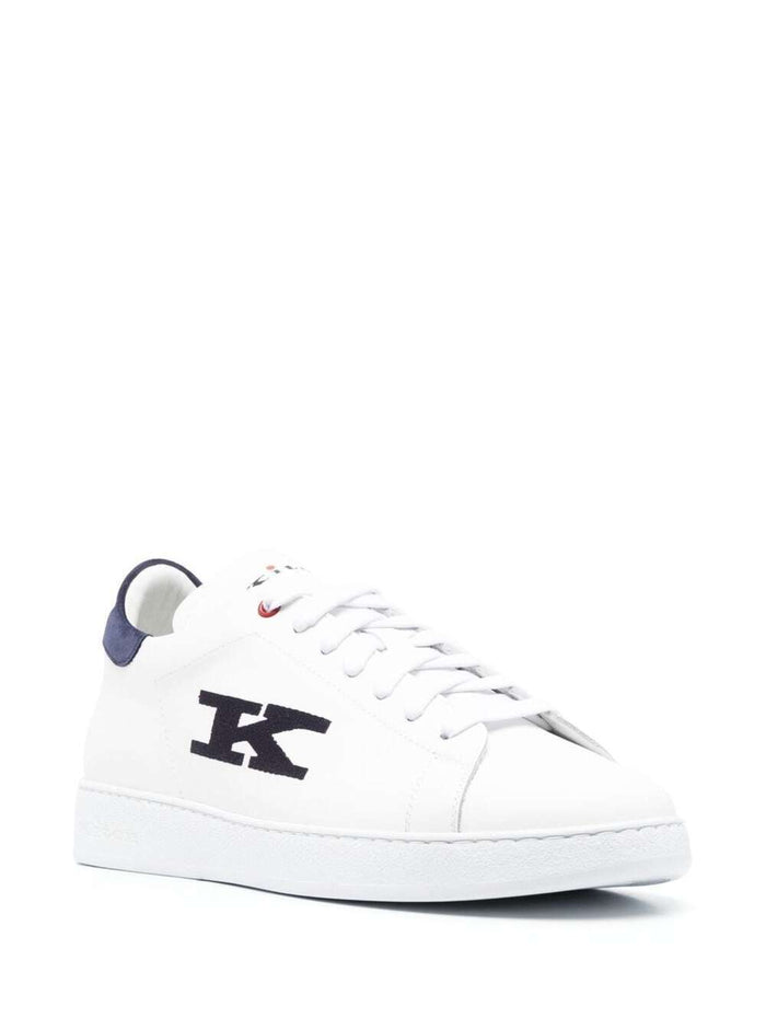 White And Blue Sneakers With Logo Contrasting Stitching Leather Man Calf