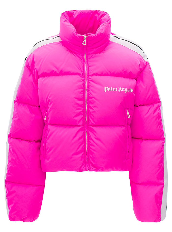 Fuchsia Cropped Down Jacket With Two-Tone Bands On Sleeves And Logo Polyamide Woman Fuxia