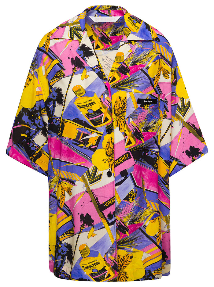Miami Multicolour Bowling Shirt With All-Over Graphic Print Viscose Woman And Blouses