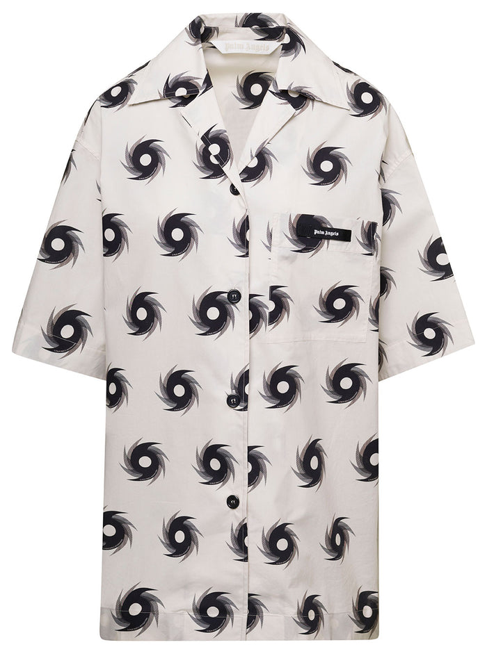 White Bowling Shirt With All-Over Shuriken Print Cotton Woman And Blouses