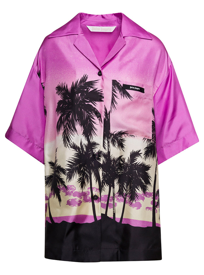 Multicolor Bowling Shirt With All-Over Sunset Print Silk Woman And Blouses