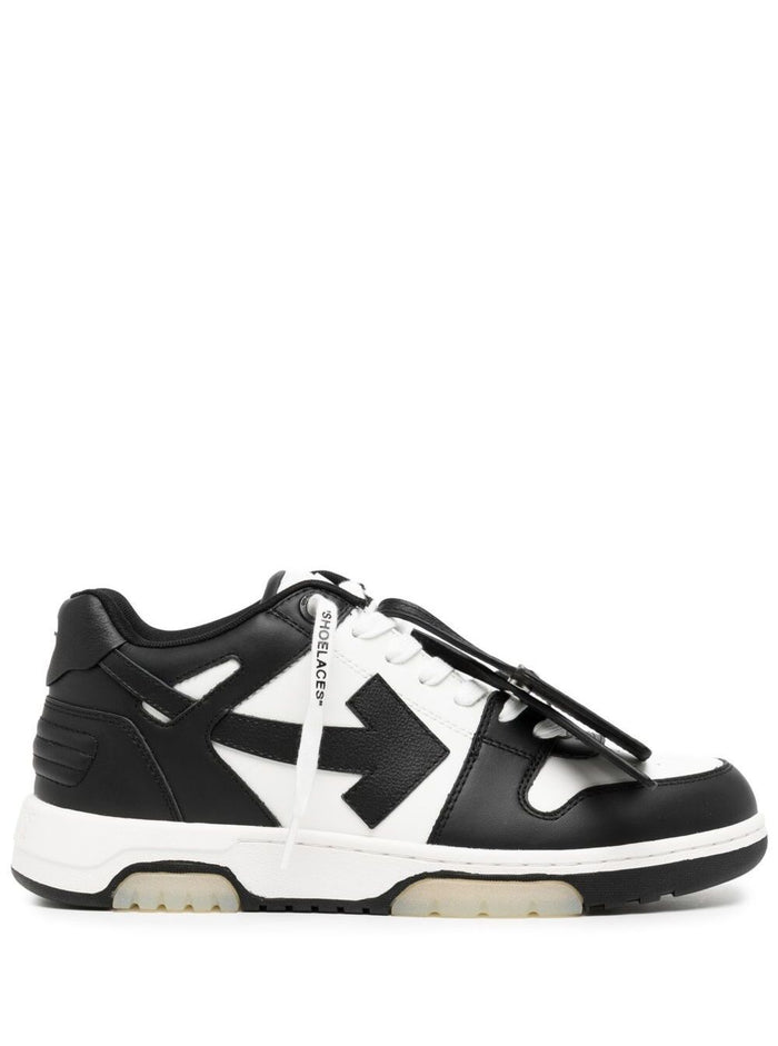 Out Of Office Black And White Low-Top Sneakers With Arrow Motif Tag Leather Man Calf