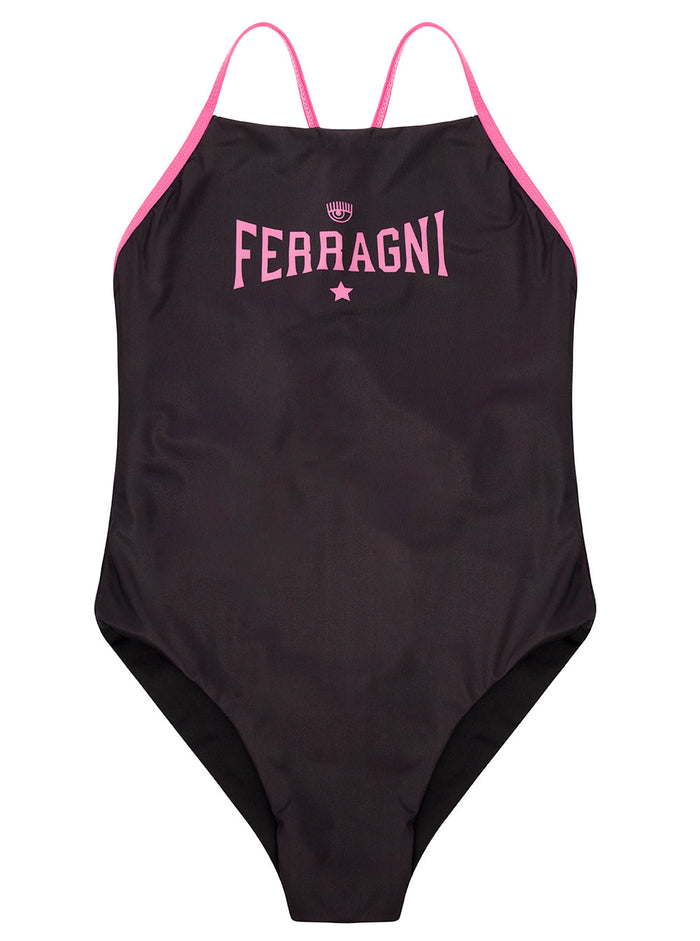 Brown Swimsuit With Logo Print On The Front Stretch Polyester Woman Black Elastan Beachwear