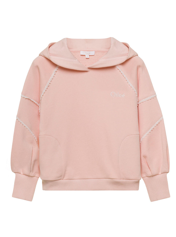 Pink Hoodie With Lace Inserts Cotton Girl Sweatshirts