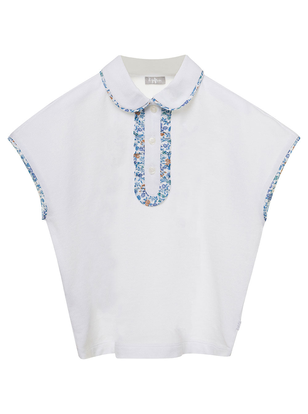 White Cropped Polo With Flower Print Detailing Cotton Girl Tshirts And Shirts