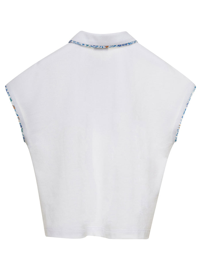 White Cropped Polo With Flower Print Detailing Cotton Girl Tshirts And Shirts