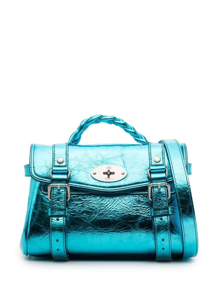 Mini Alexa Light Blue Handbag Crinkled Metallic Leather Woman Mulberry Bovine Crossbody Bags