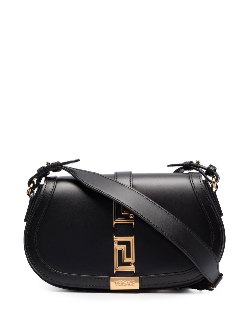 Greca Goddess Medium Shoulder Bag Black Leather Woman Calf Crossbody