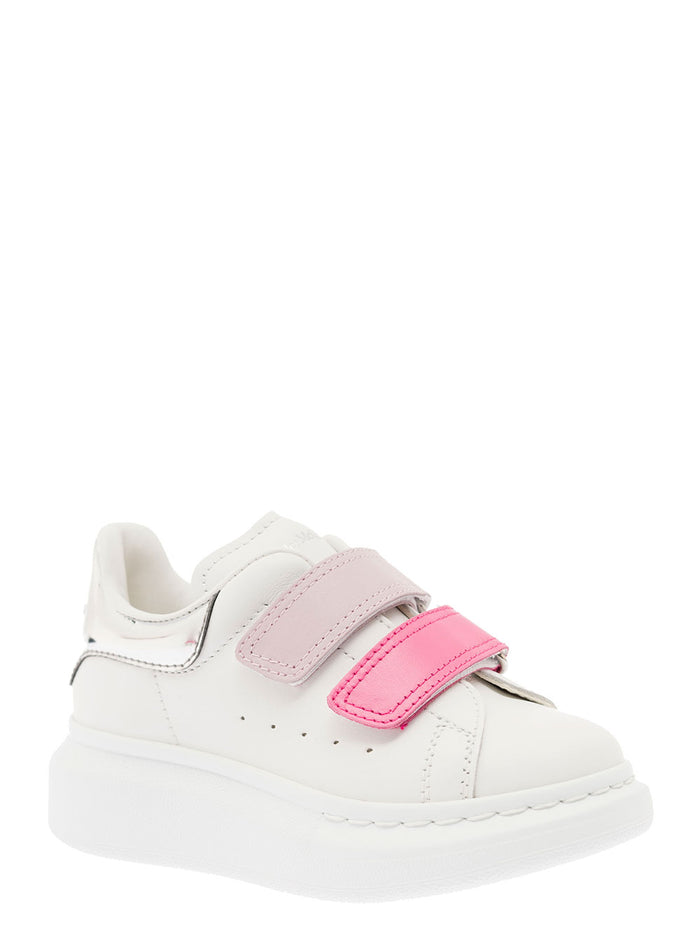 White And Pink Touch-Strap Sneakers Calf Leather