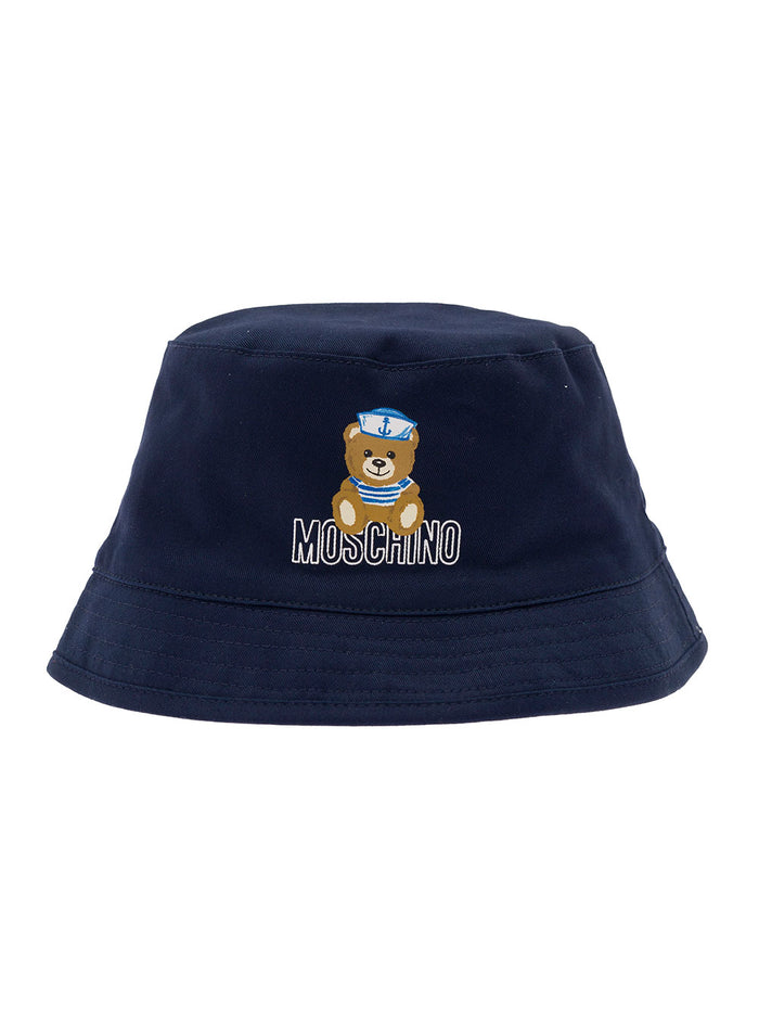Blue Bucket Hat With Teddy Bear Print Stretch Cotton Boy Blu Elastane And Gloves