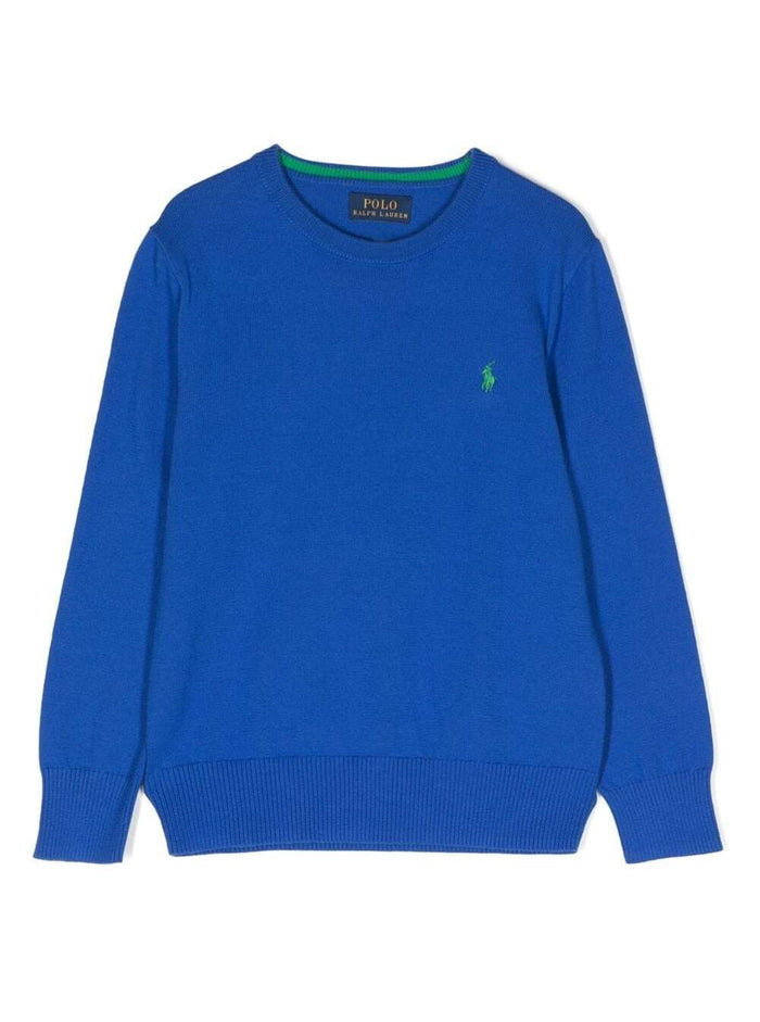 Blue Sweater With Logo Embroidery Cotton Boy Blu Jersey