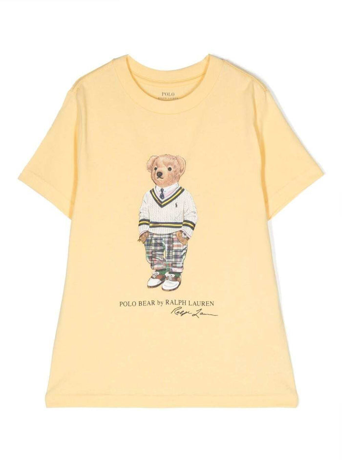 Yellow Crewneck T-Shirt With Teddy Bear Print Cotton Boy Tshirts And Polo Shirts