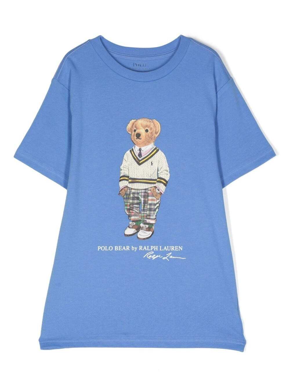 Light Blue Crewneck T-Shirt With Teddy Bear Print Cotton Boy Blu Tshirts And Polo Shirts