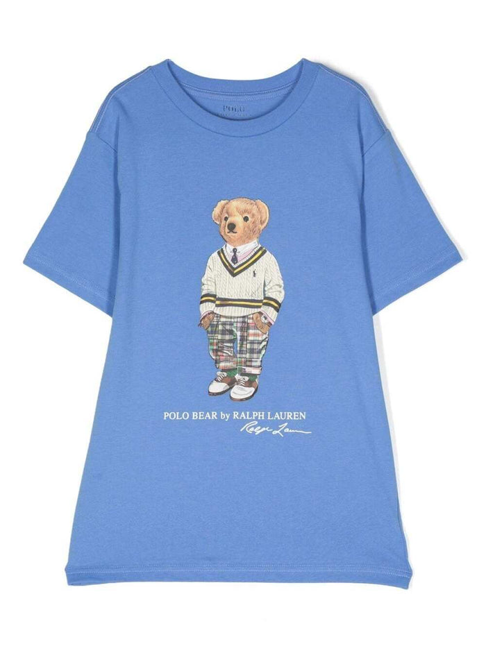 Light Blue Crewneck T-Shirt With Teddy Bear Print Cotton Boy Blu Tshirts And Polo Shirts