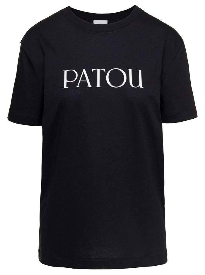 Black Crewneck T-Shirt With Contrasting Logo Lettering Print Cotton Woman Tshirts And Polo Shirts