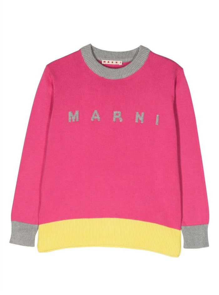 Multicolor Crewneck Sweater With Logo Cotton Girl Fuxia Jersey