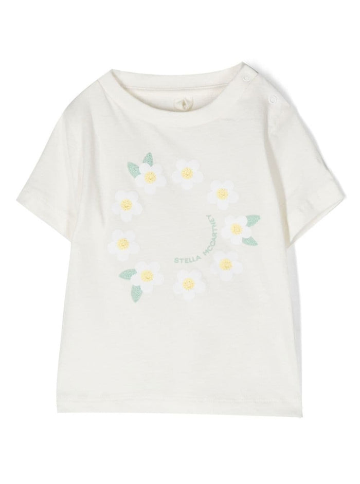 Crewneck T-Shirt With Daisy Print White Cotton Baby Girl Tshirts And Polo Shirts