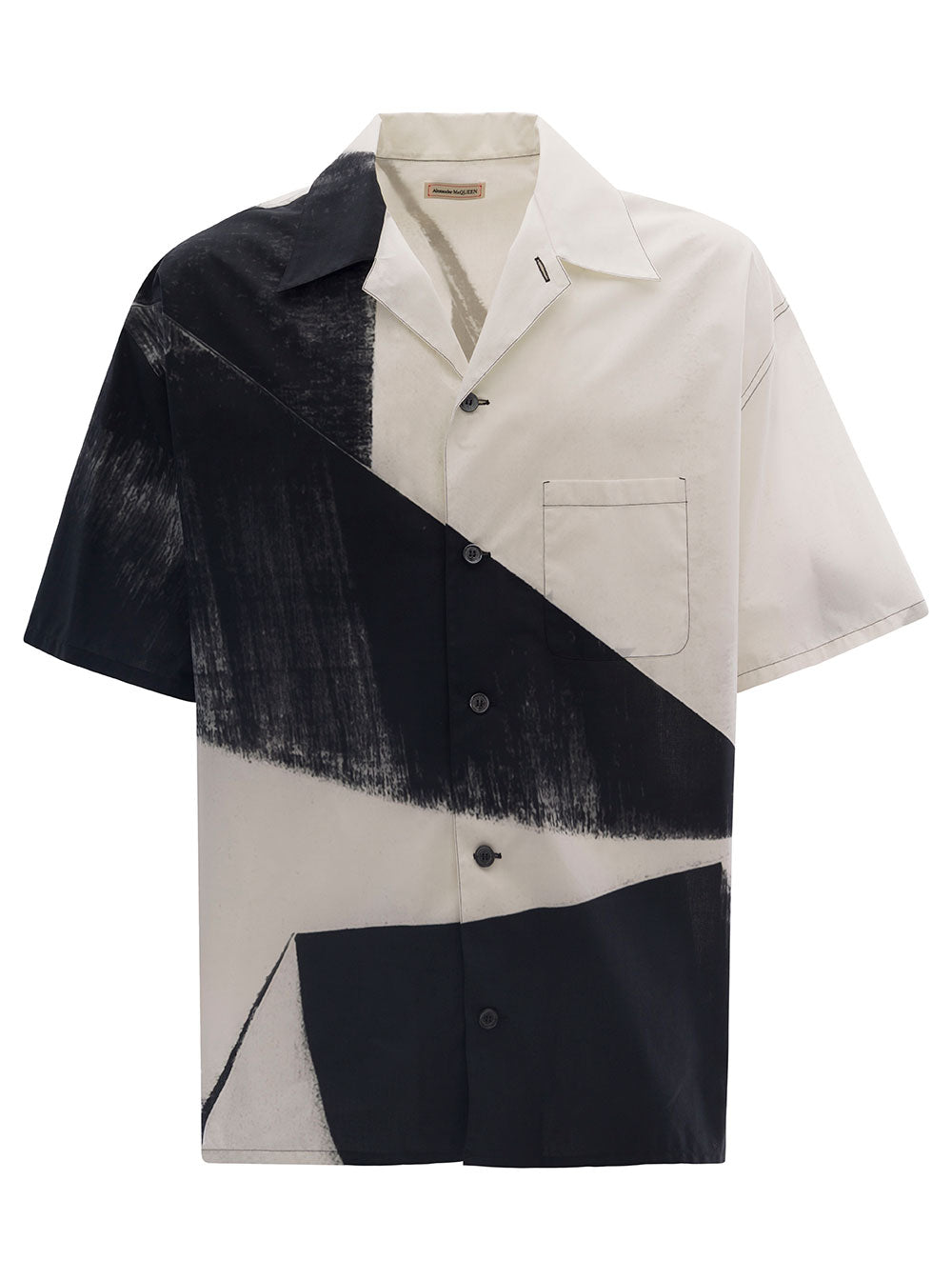 Black And White Shirt With Brushstroke Print All-Over Cotton Man Blouses