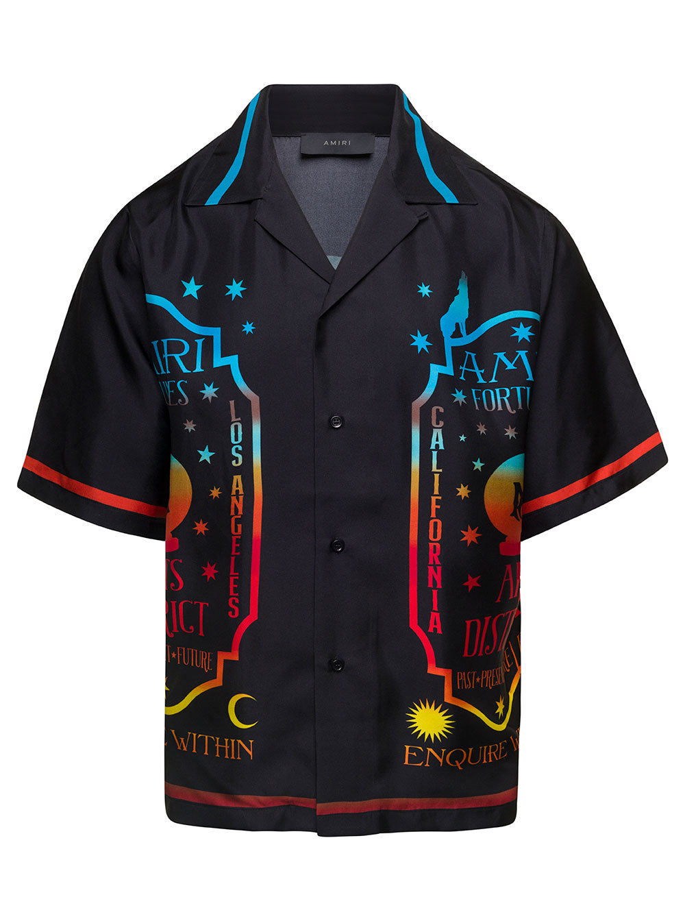 Fortune Black Bowling Shirt With Multicolor Graphic Print Silk Man And Blouses
