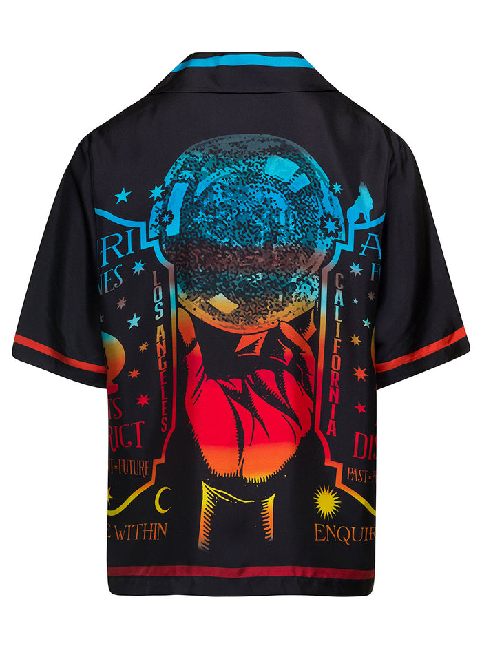Fortune Black Bowling Shirt With Multicolor Graphic Print Silk Man And Blouses