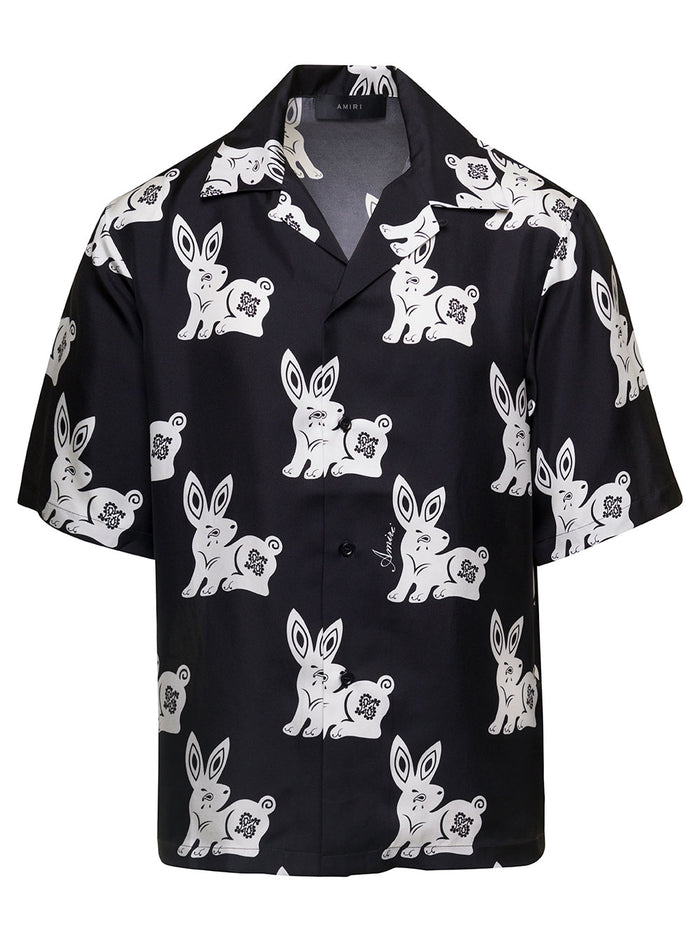 Black Bowling Shirt With White Rabbit Print Silk Man And Blouses