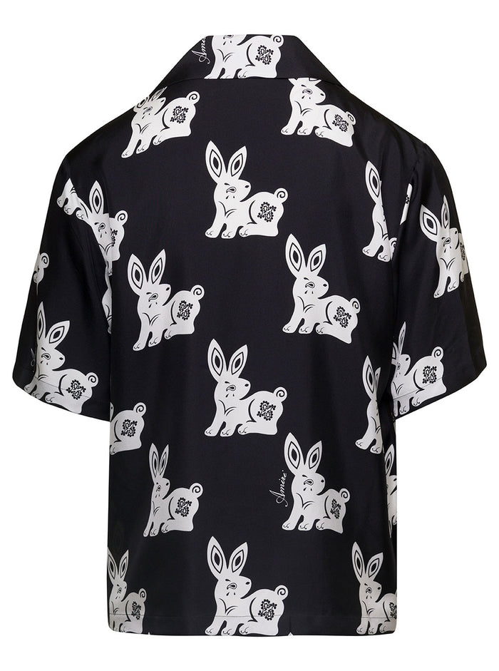 Black Bowling Shirt With White Rabbit Print Silk Man And Blouses