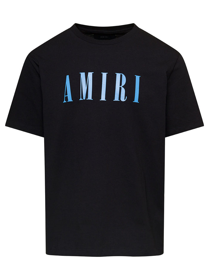 Black Crewneck T-Shirt With Light Blue Logo Print Cotton Man Tshirts And Polo Shirts