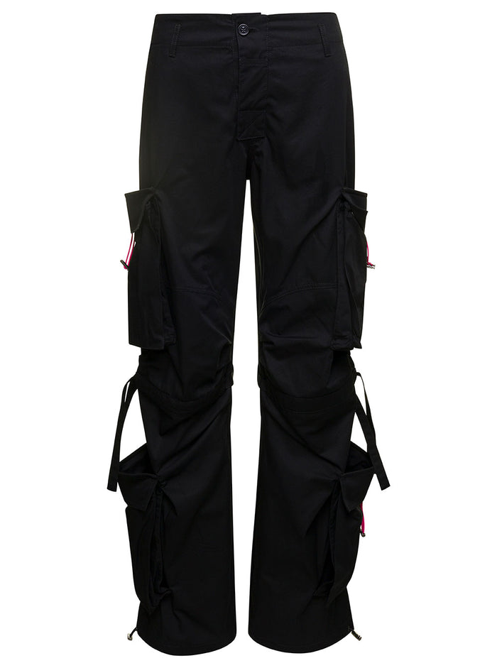 Lily Black Multipockets Cargo Pants With Drawstring Cotton Woman Trousers