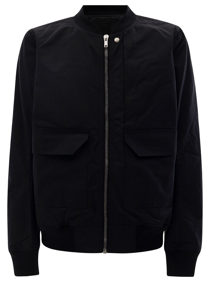 Black Bomber Jacket With Flap Pockets Cotton Blend Man Nylon