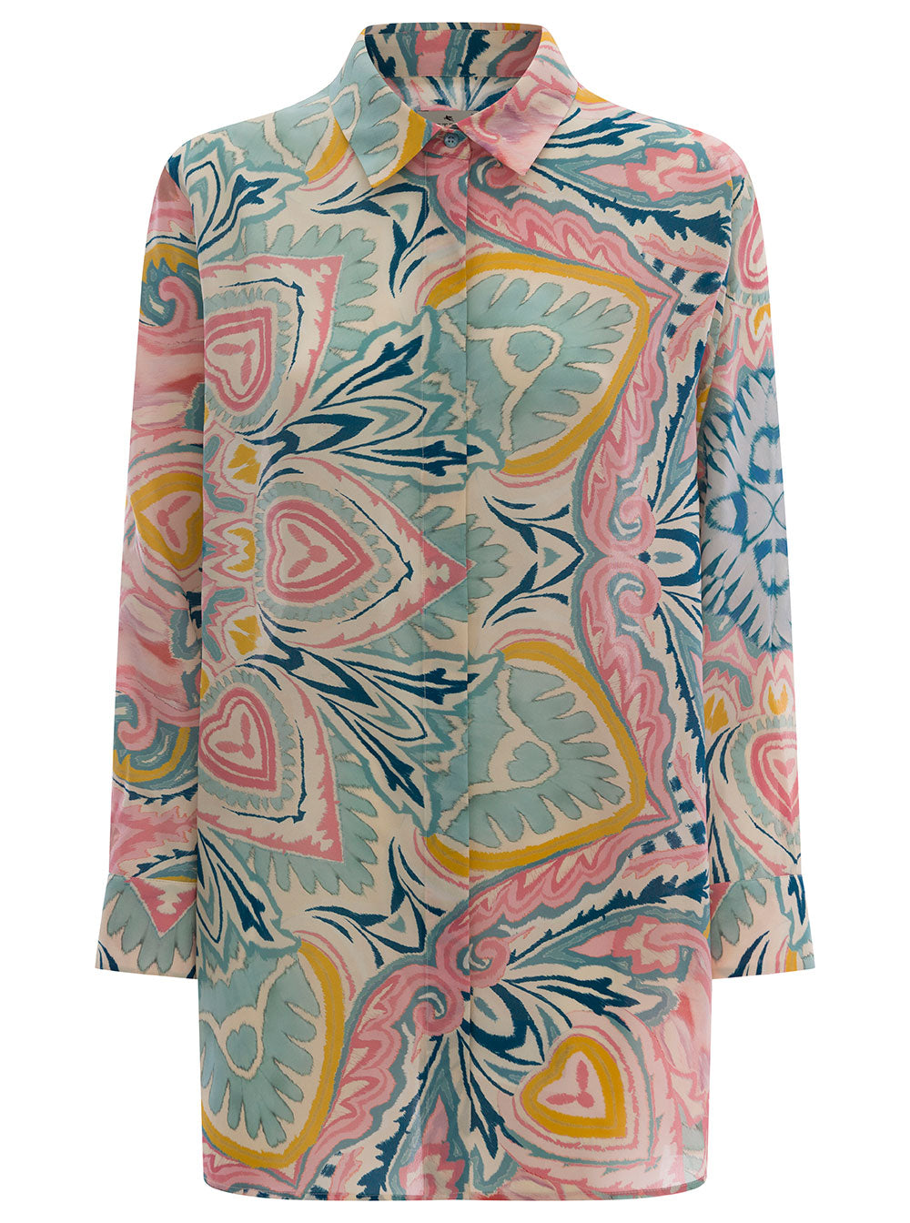 Light Blue Shirt With Multicolored Graphic Printed Pattern All-Over Silk Woman And Blouses