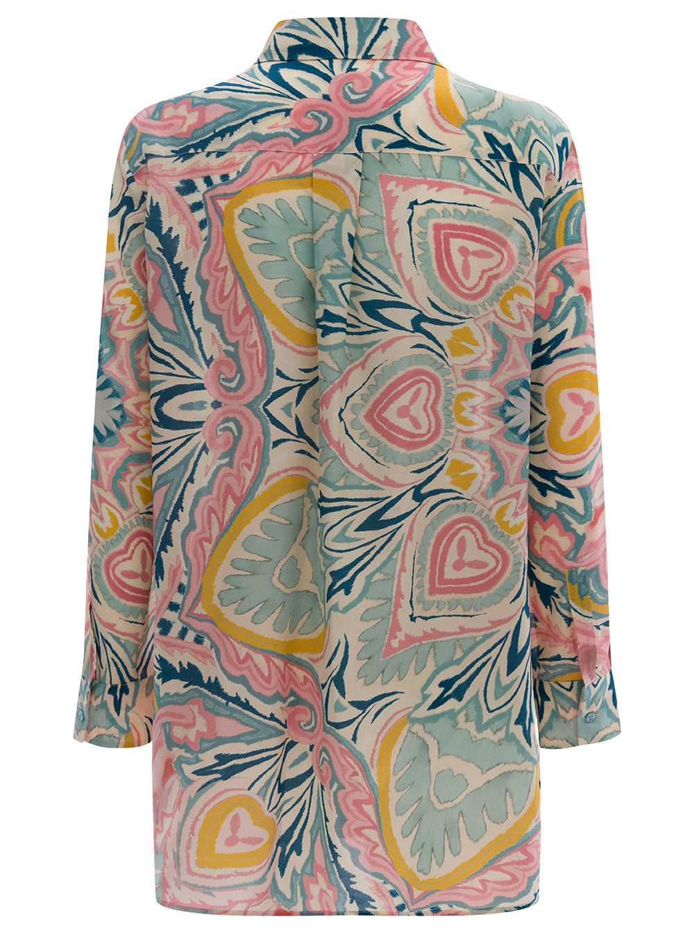 Light Blue Shirt With Multicolored Graphic Printed Pattern All-Over Silk Woman And Blouses