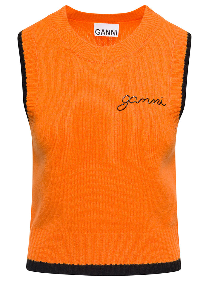 Orange Crew Neck Vest With Logo Wool Blend Woman Merino Cashmere Blazers