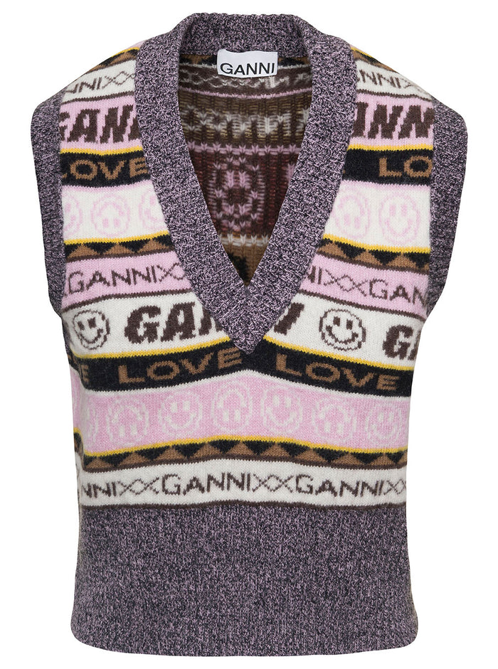 Graphic V-Neck Vest Multicolor Wool Blend Woman Blazers