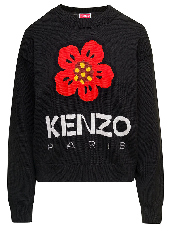 Black Crafted Pull With Boke Flower And Logo On The Chest Cotton Woman Jersey