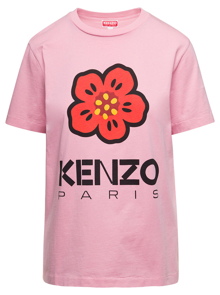 Pink Jersey T-Shirt With Boke Flower And Logo On The Front Cotton Woman Tshirts Polo Shirts