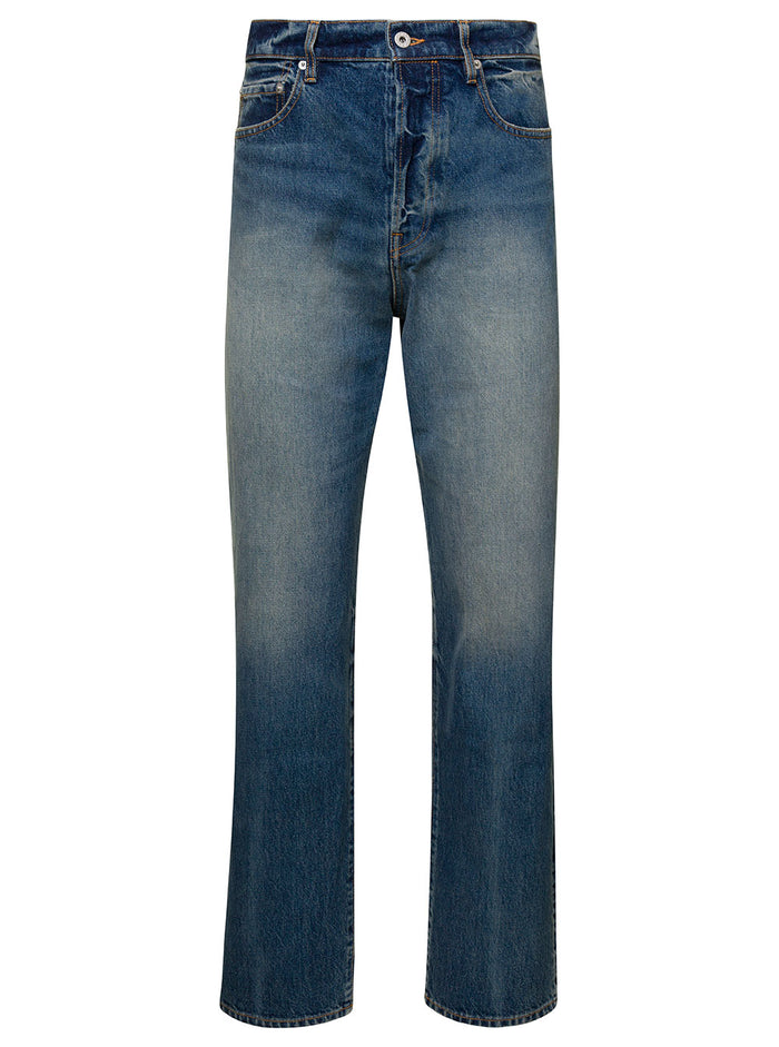 Blue 5-Pocket Stonewashed Straight Jeans Cotton Denim Man Blu