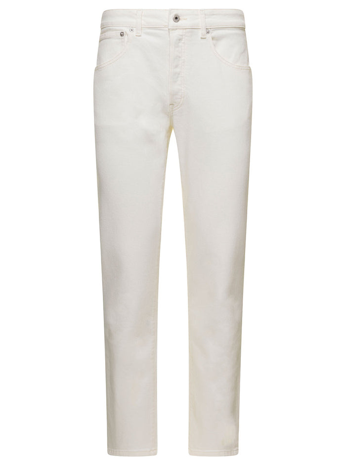 White 5-Pocket Slim Jeans With Logo Patch Stretch Cotton Denim Man Elastane