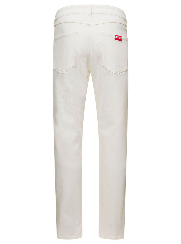 White 5-Pocket Slim Jeans With Logo Patch Stretch Cotton Denim Man Elastane