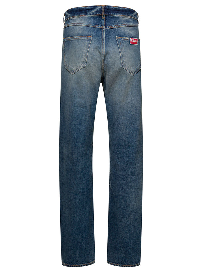Blue 5-Pocket Stonewashed Straight Jeans Cotton Denim Man Blu