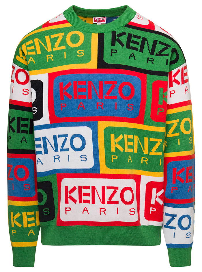 Multicolored Label Logo Jumper Green Cotton Man Jersey