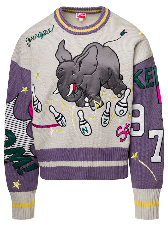 Multicolor Crewneck Sweater With Elephant Print Cotton And Wool Blend Man Jersey
