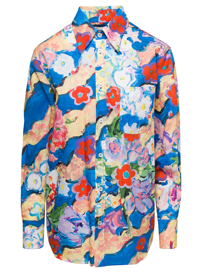 Multicolor Shirt With Artwork Print And Patch Pocket Cotton Woman Woven Blouses